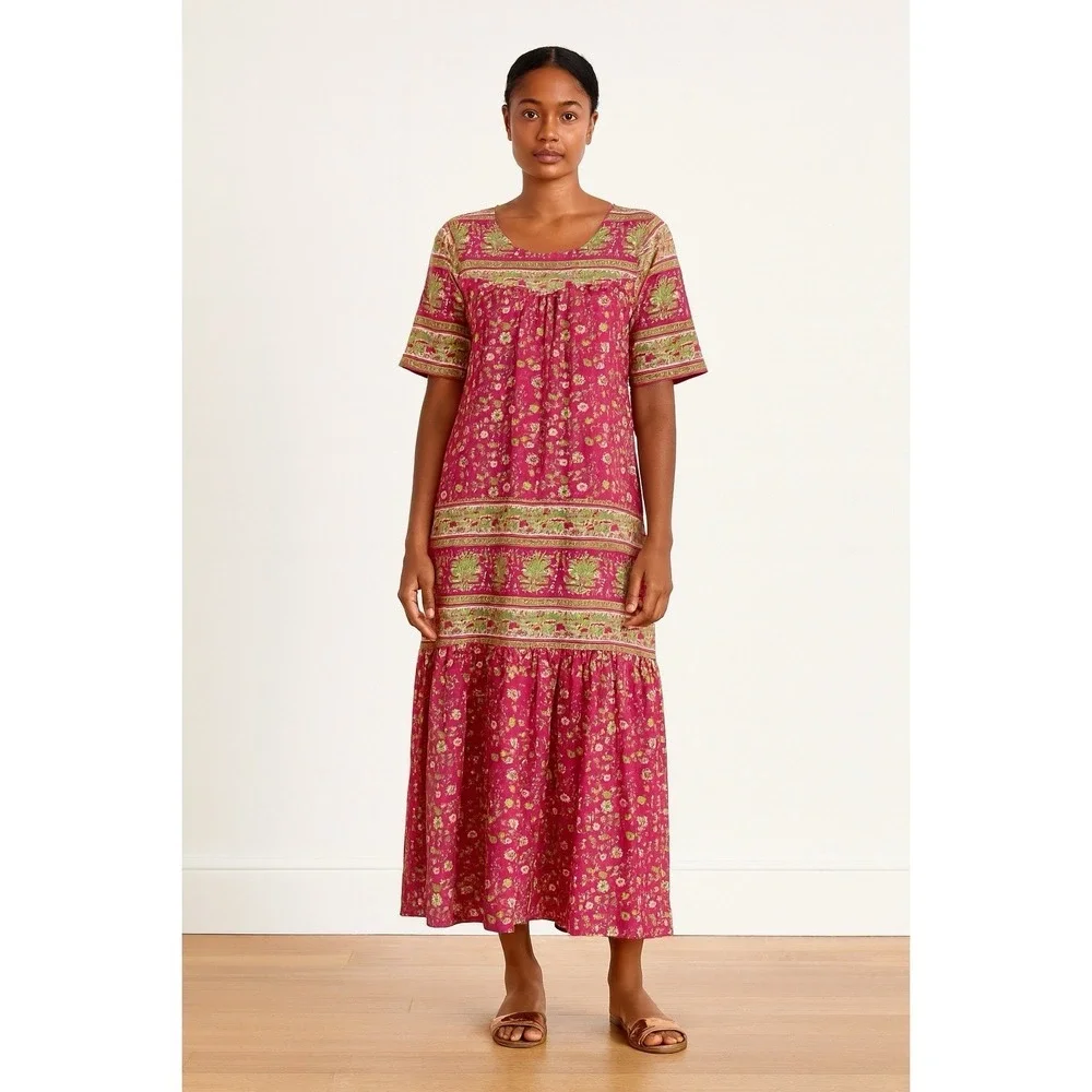 Vermont Country Store Dress S Pink Yellow Cotton Floral Muumuu Dress Housedress